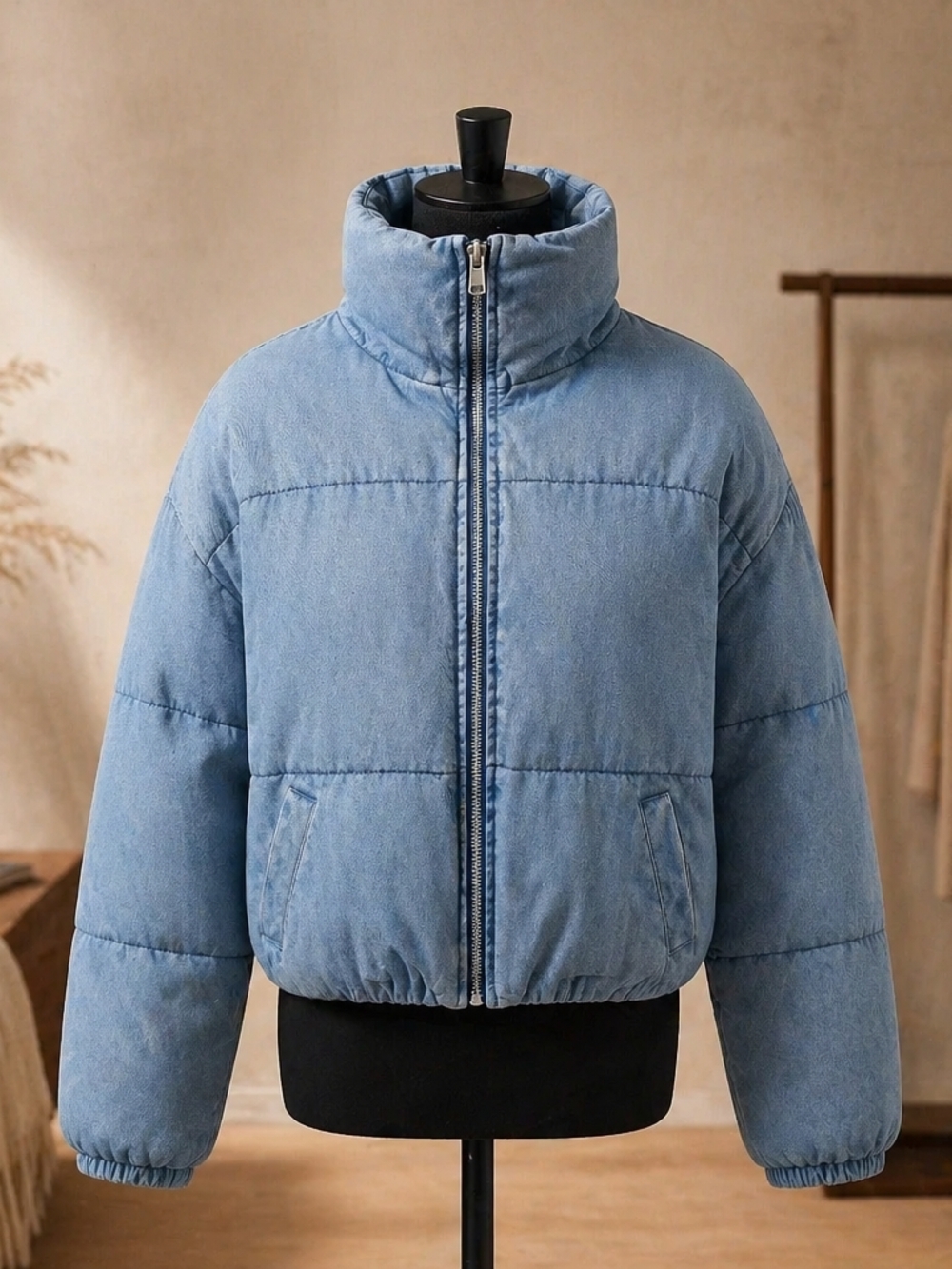 Angel Kiss Light Blue Cropped Puffer Jacket with High Collar